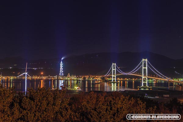 祝津公園展望台から見た工場と白鳥大橋の夜景